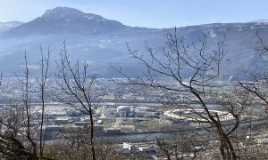 This photo shows the European Photon and Neutron (EPN) science campus on the peninsula at the confluence of the Isère and Drac rivers, where EMBL Grenoble is located.
