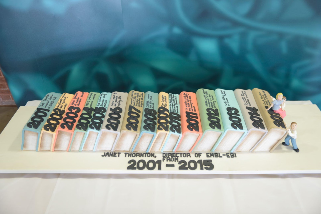 A cake shaped like books with dates on running from 2001 to 2015