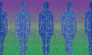 Human silhouettes overlayed with columns of bands representing genome sequencing.